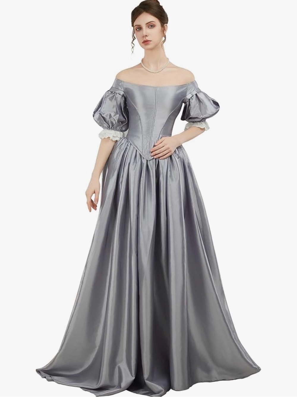 Renaissance Off-Shoulder Silver Satin Corset Dress with Puff Sleeves, Large
